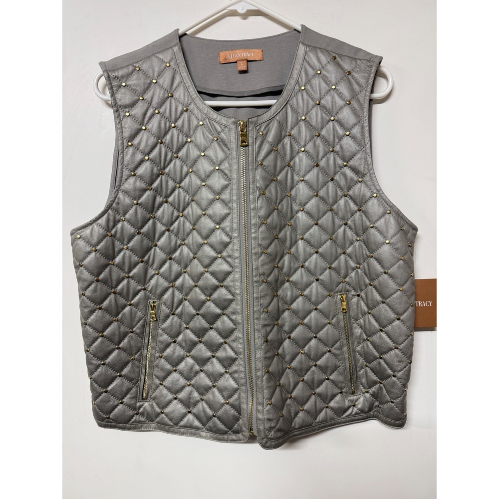 Ellen Tracy Getaway Studded Quilted Vest Stone Grey Ponte Back Womens L